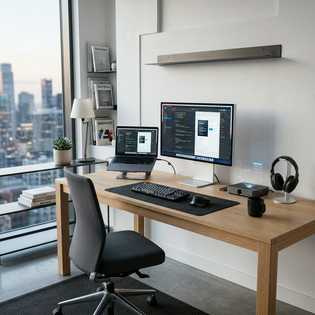 A minimalist innovative workspace with advanced tools